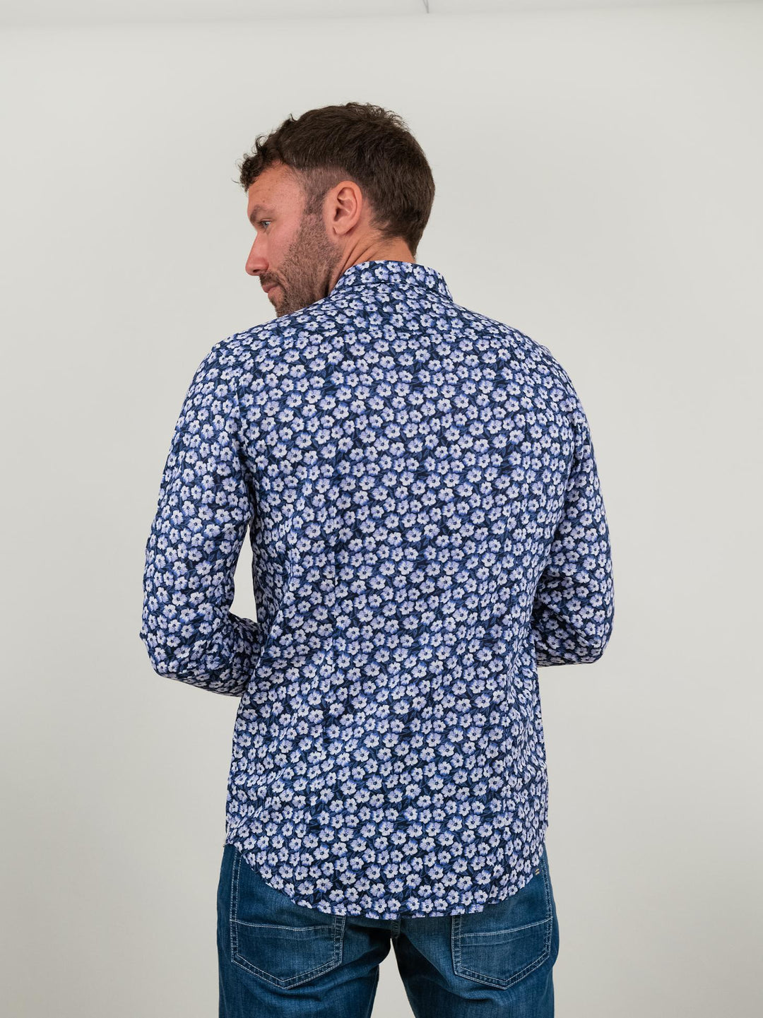 CAMICIA IN MISTO LINO BLU CON FANTASIA A FIORELLINI BU24S15CAFIOLIN533 200 ANDREA MORANDO 