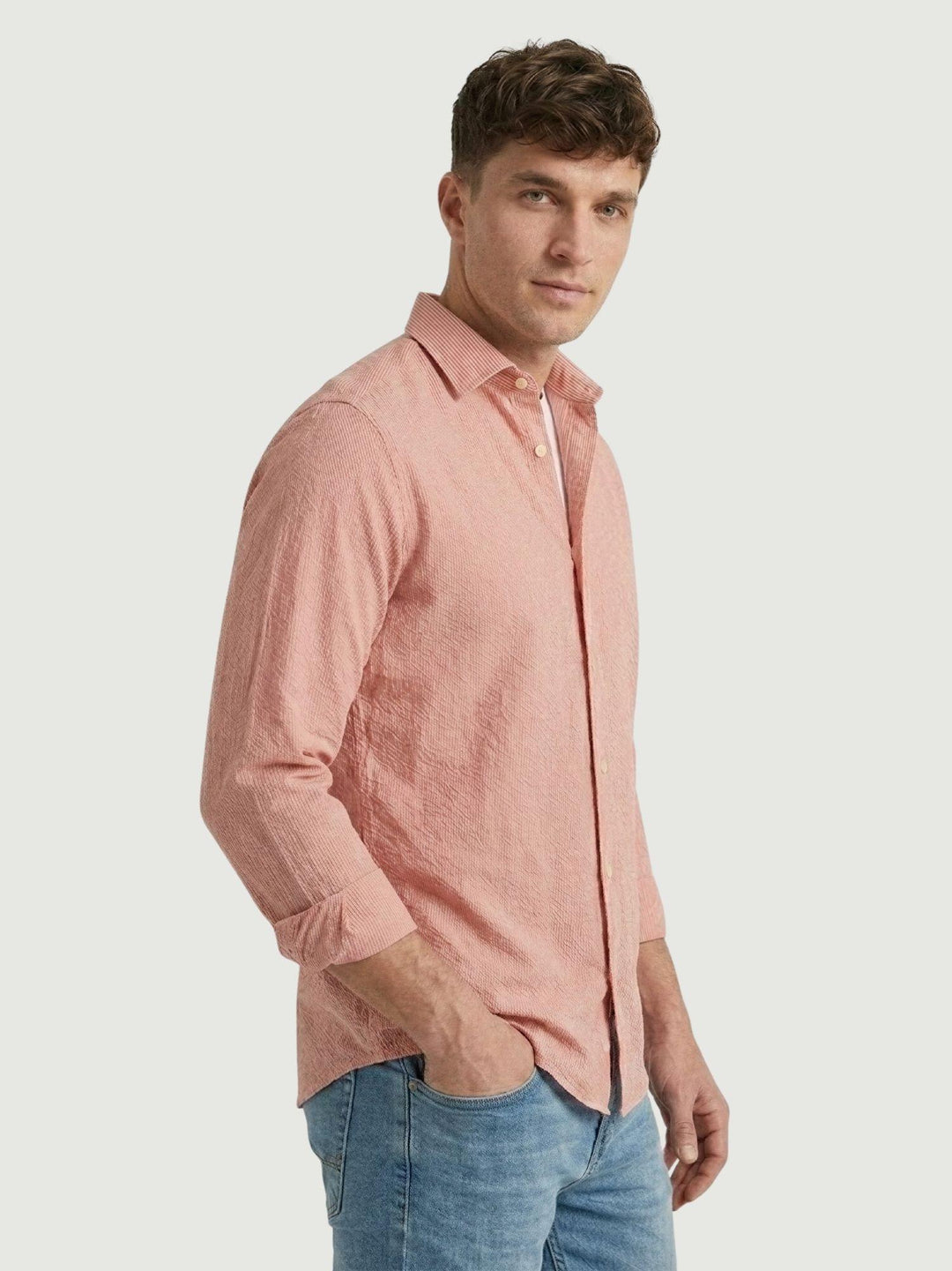 Camicia in cotone seersucker a righine rosse e bianche slim MALDIVES/SLIM 601-R662 ANDREA MORANDO 
