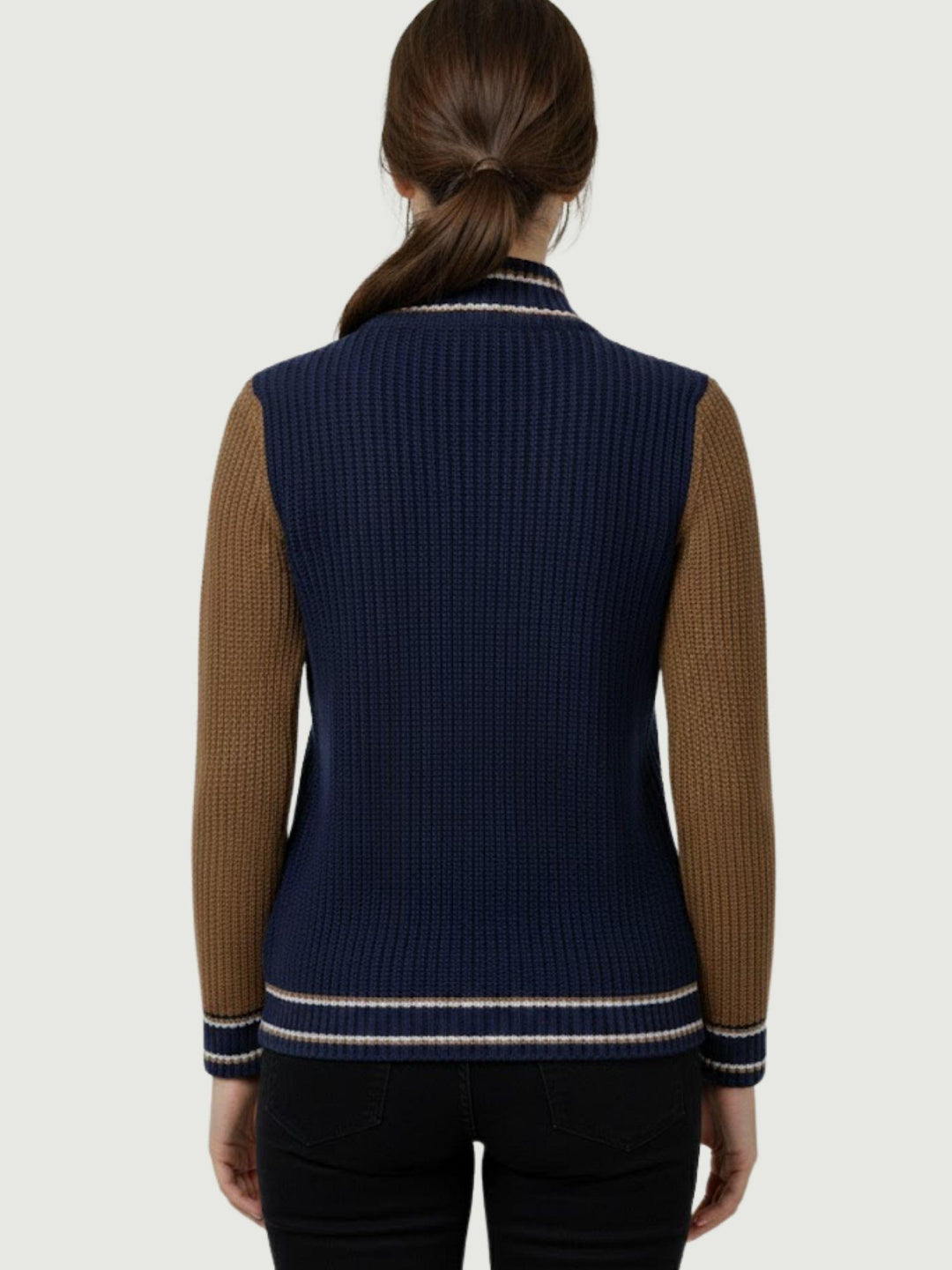 MAGLIONE A COLLO ALTO CON ZIP BLU E TABACCO ELIANOD BLU/SPEZIE ANDREA MORANDO 