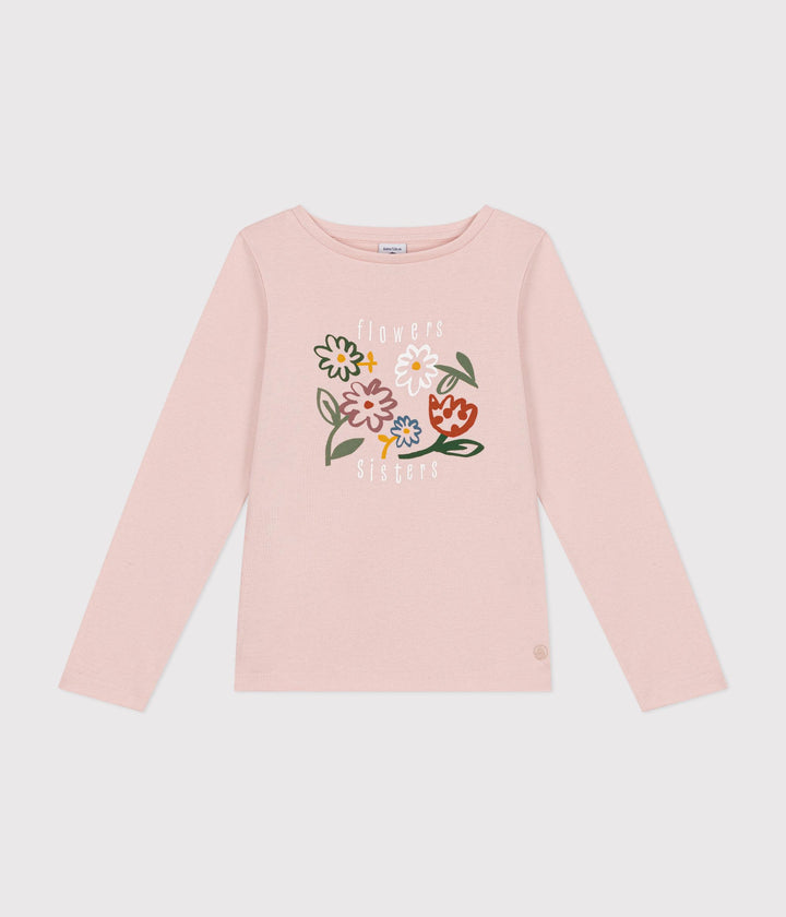 T-shirt rosa con stampa a maniche lunghe a costine A0BM1 01 PETIT BATEAU 