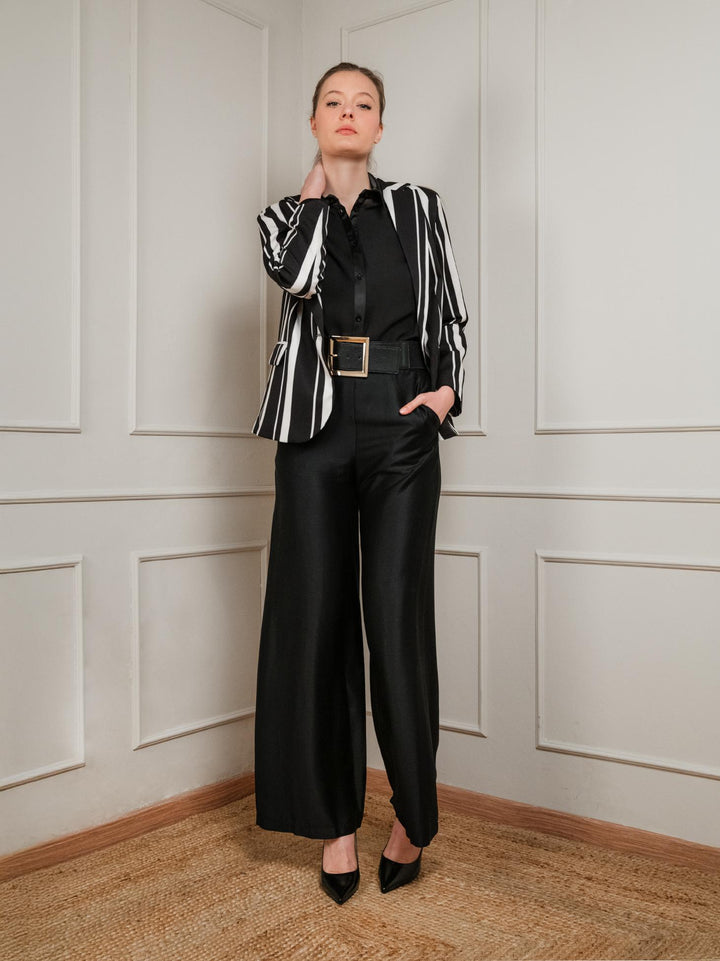BLAZER MONOPETTO NERO A RIGHE PANNA