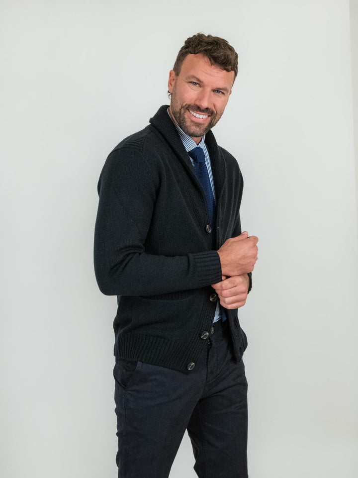 Cardigan blu in misto lana con collo a scialle 1327224 283 ANDREA MORANDO 