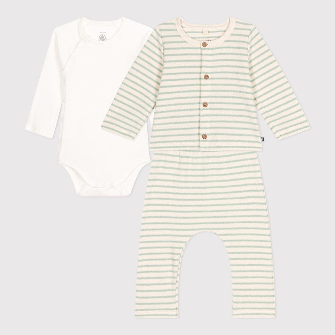COMPLETO 3 PEZZI BEBÈ IN SPUGNA BOUCLETTE A RIGHE A09HW 01 PETIT BATEAU 