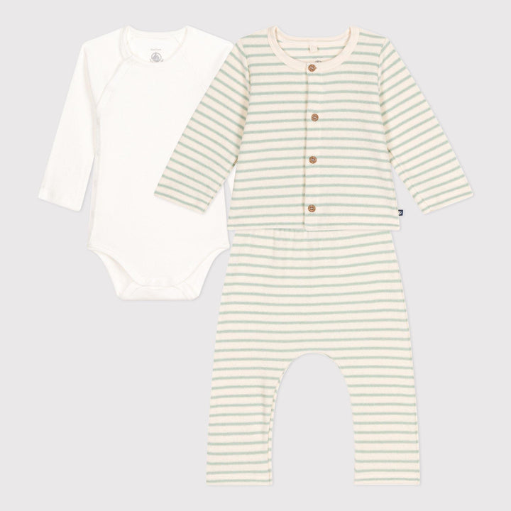 COMPLETO 3 PEZZI BEBÈ IN SPUGNA BOUCLETTE A RIGHE A09HW 01 PETIT BATEAU 