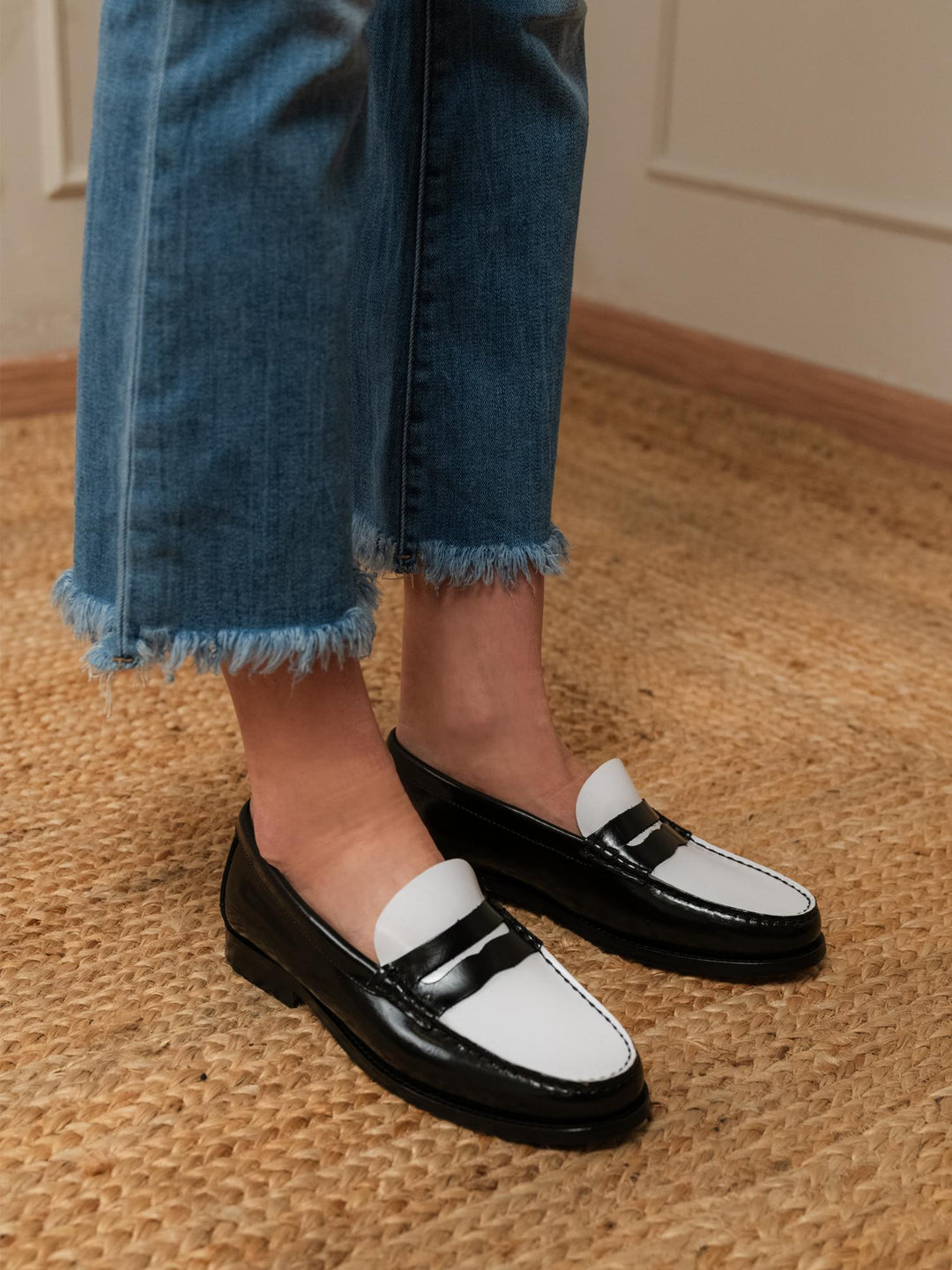 Mocassino penny in pelle nero e bianco