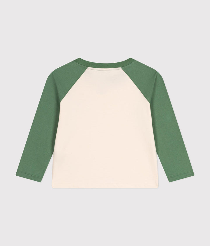 T-shirt bianca e verde a maniche lunghe in jersey sottile bambino A0BIL 01 PETIT BATEAU 