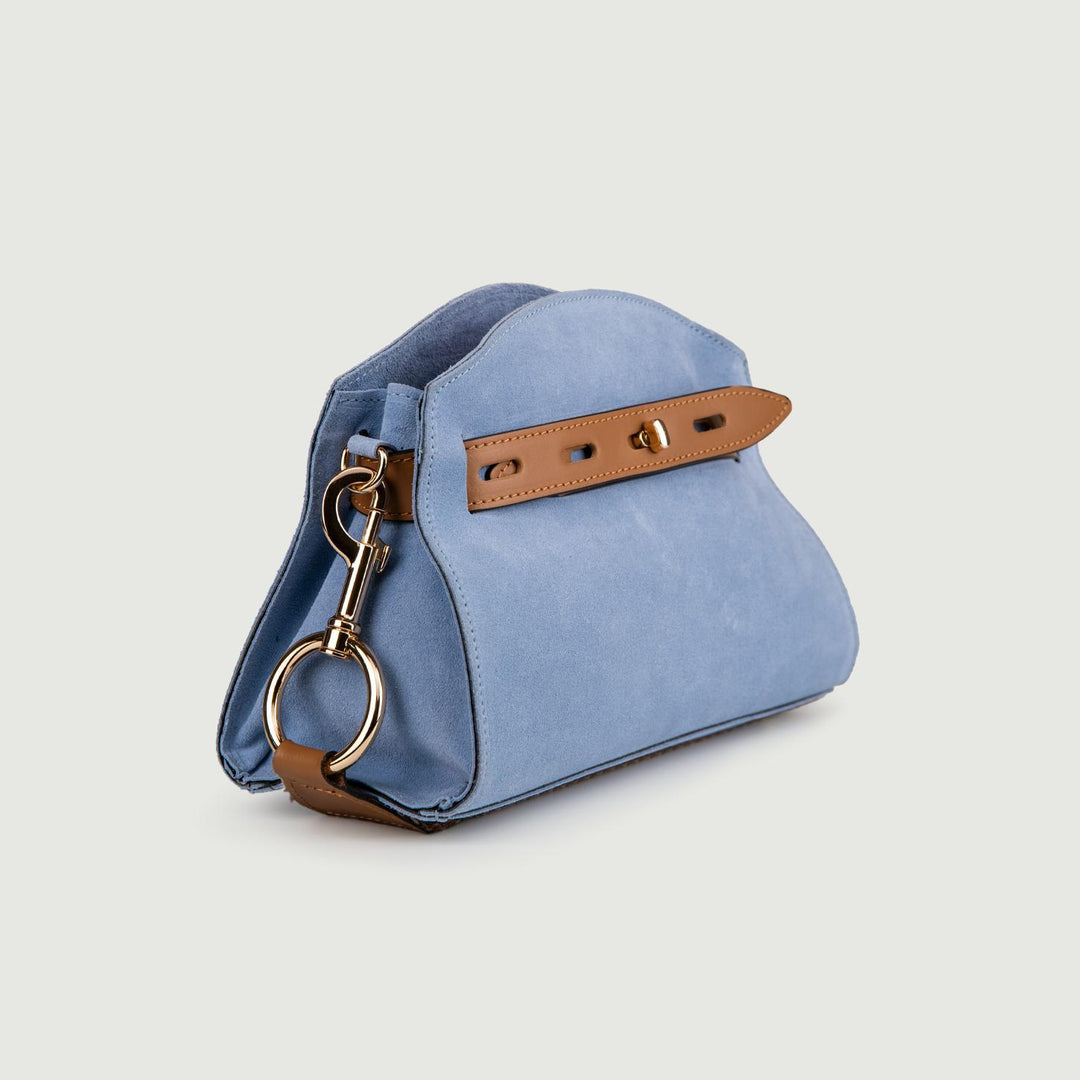 BORSA A TRACOLLA IN CAMOSCIO AZZURRO CON INSERTI IN PELLE CUOIO "SOPH" SOPH CARTA ZUCCHERO BIMOR 