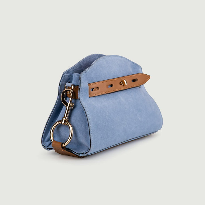 BORSA A TRACOLLA IN CAMOSCIO AZZURRO CON INSERTI IN PELLE CUOIO "SOPH" SOPH CARTA ZUCCHERO BIMOR 