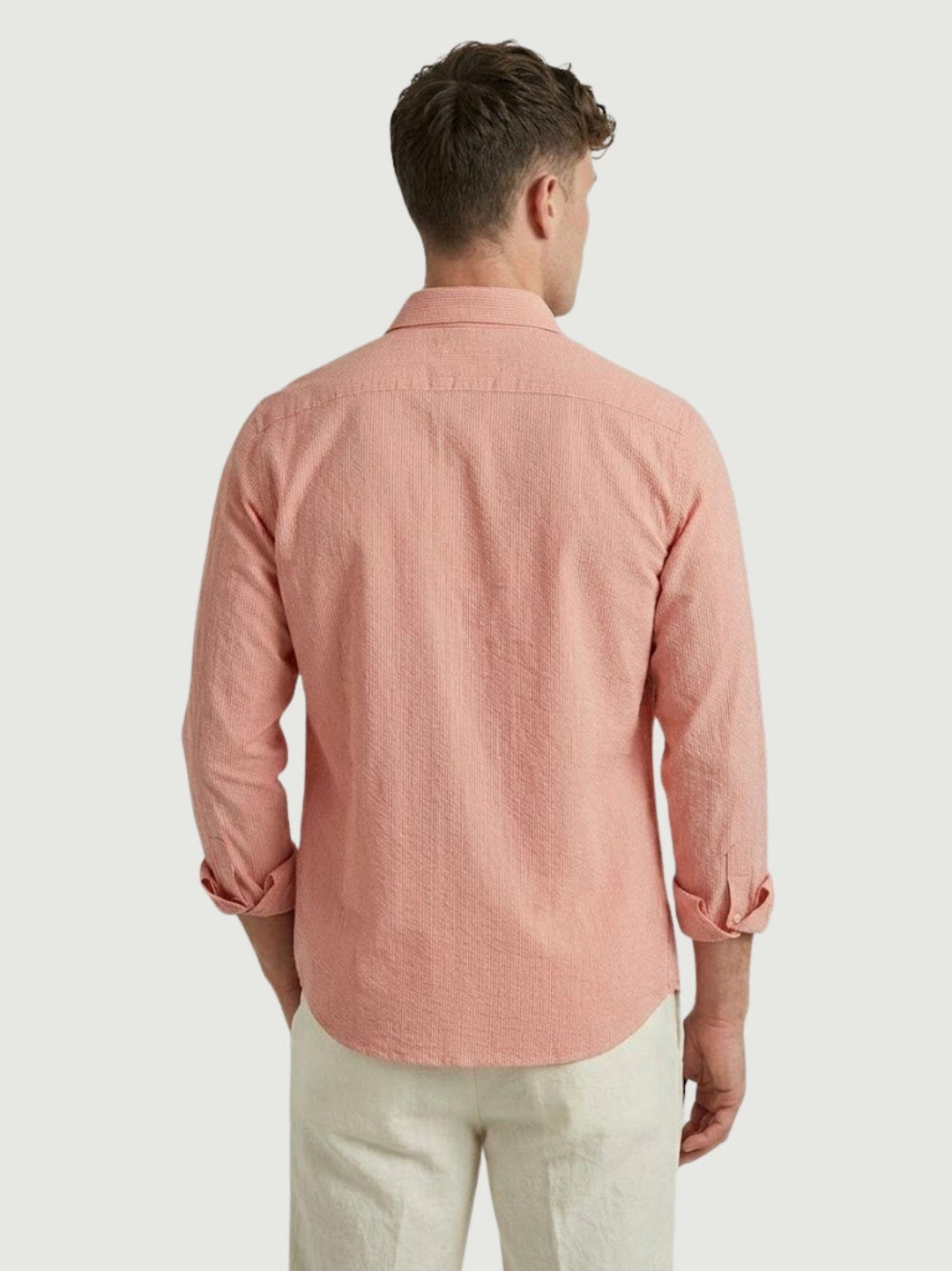 Camicia in cotone seersucker a righine rosse e bianche regular MALDIVES/REG 601-R662 ANDREA MORANDO 