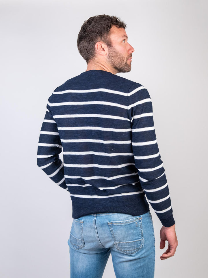 Maglia girocollo a righe blu e bianca