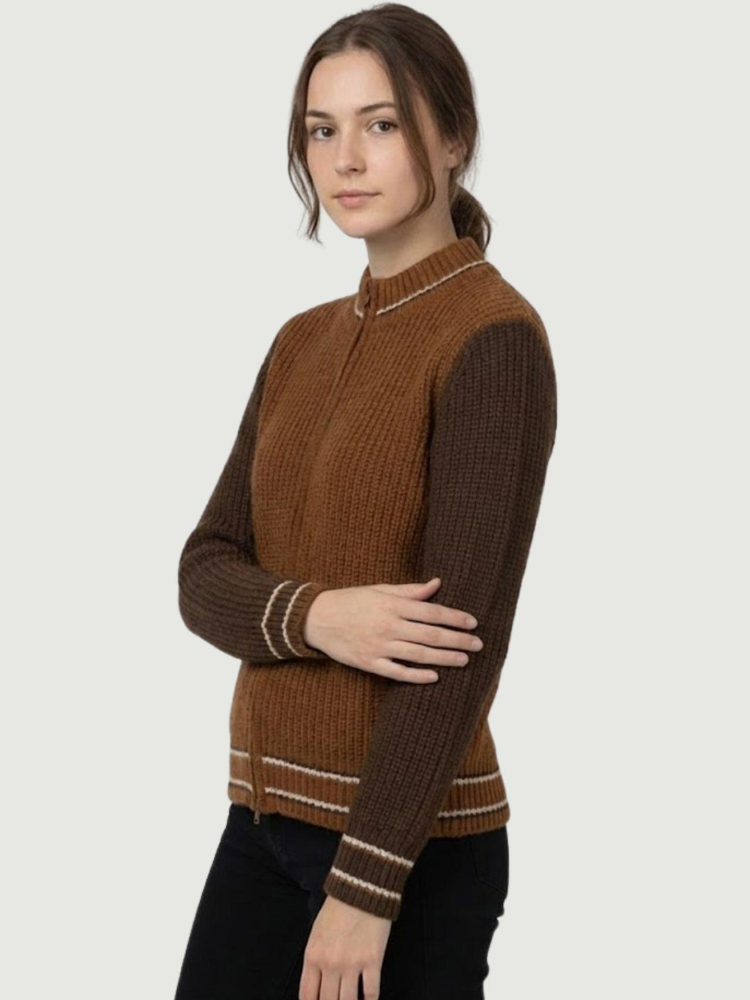 MAGLIONE A COLLO ALTO CON ZIP MATTONE E TABACCO ELIANOD PANNA ANDREA MORANDO 