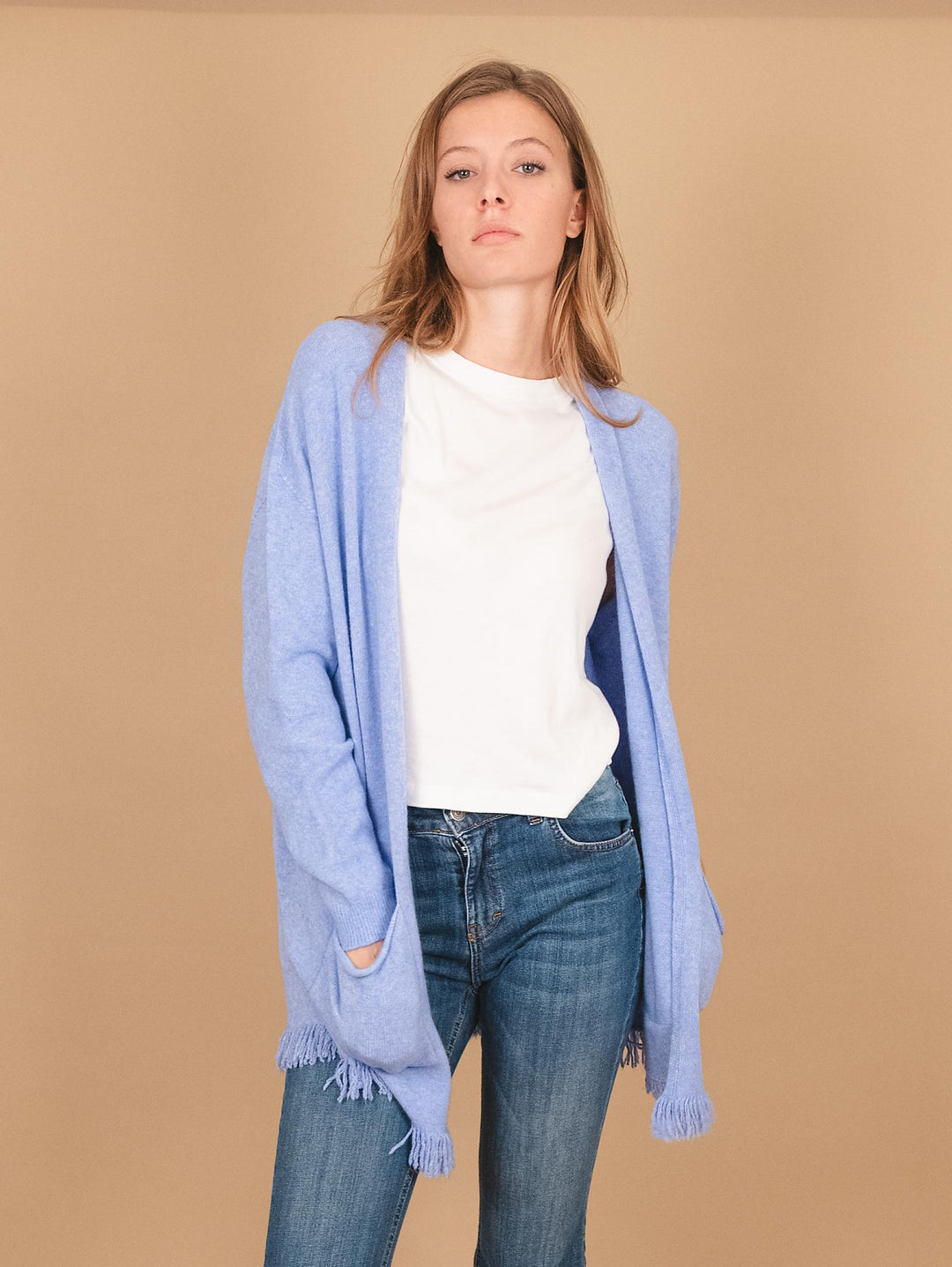 CARDIGAN APERTO CON PROFILI SFRANGIATI AZZURRO 0370/283 2100 BIMOR 