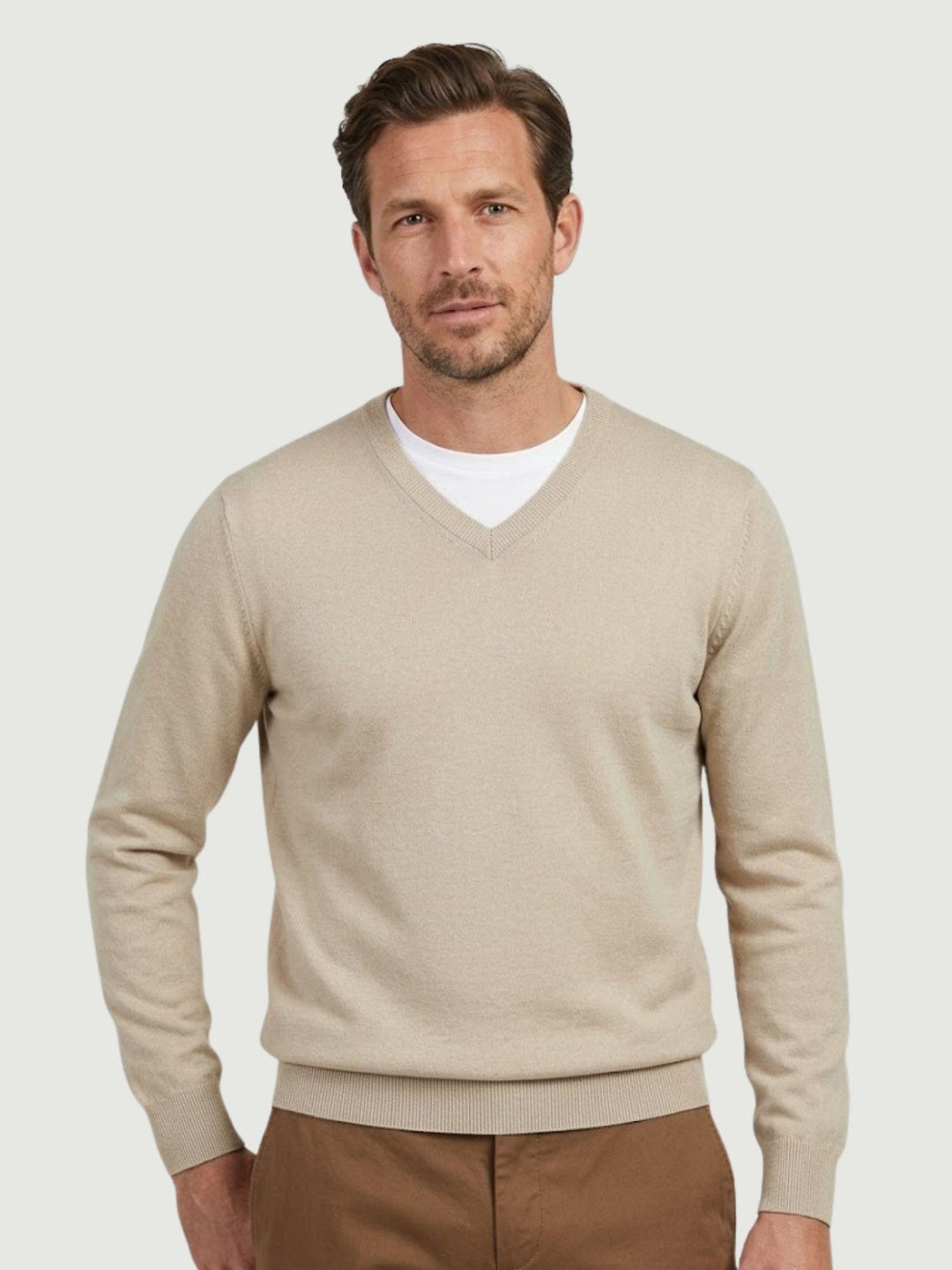 Maglia a V in cotone rasato beige 3851900 607 ANDREA MORANDO 