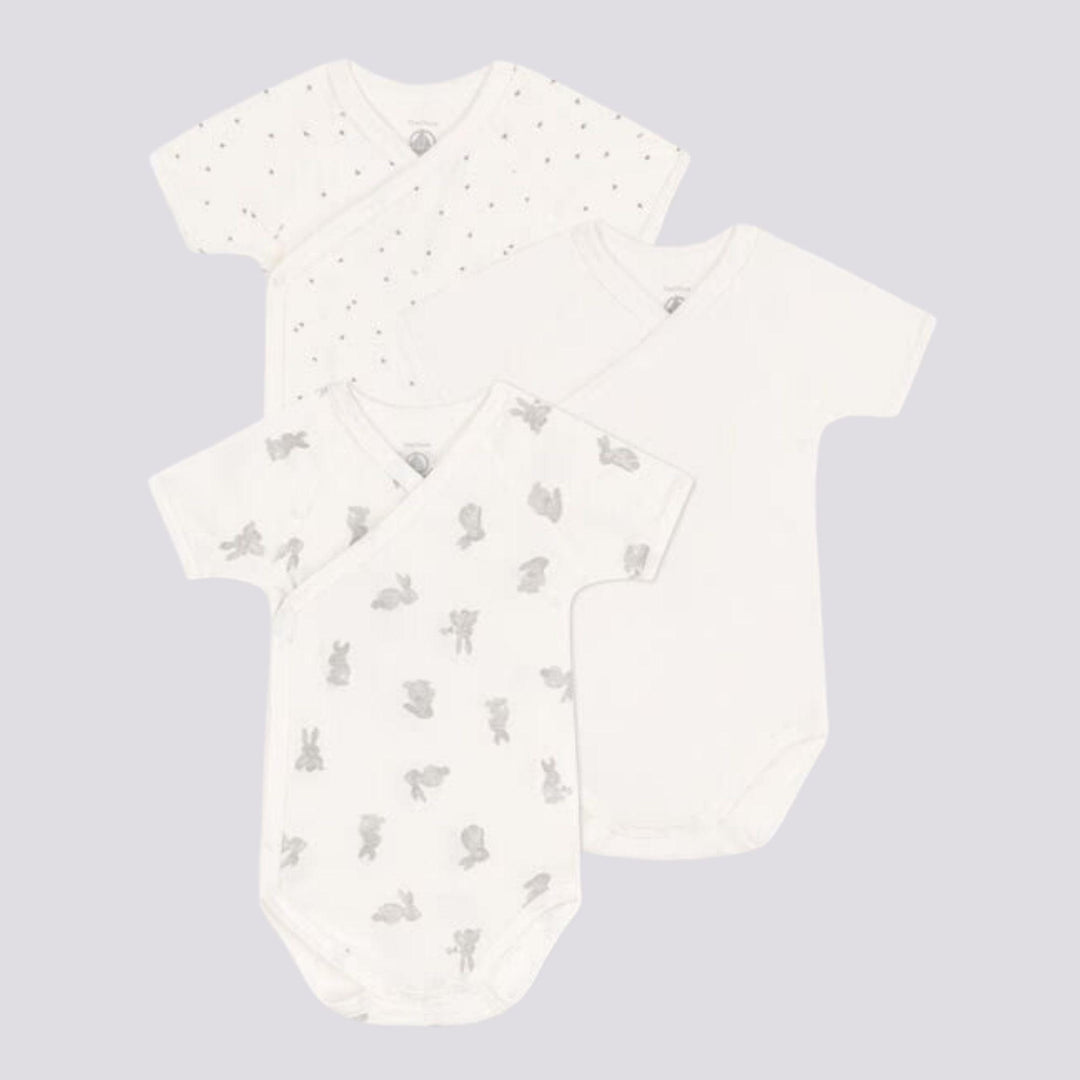 CONFEZIONE DA 3 BODY INCROCIATI CONIGLI IN COTONE A09US 00 PETIT BATEAU 