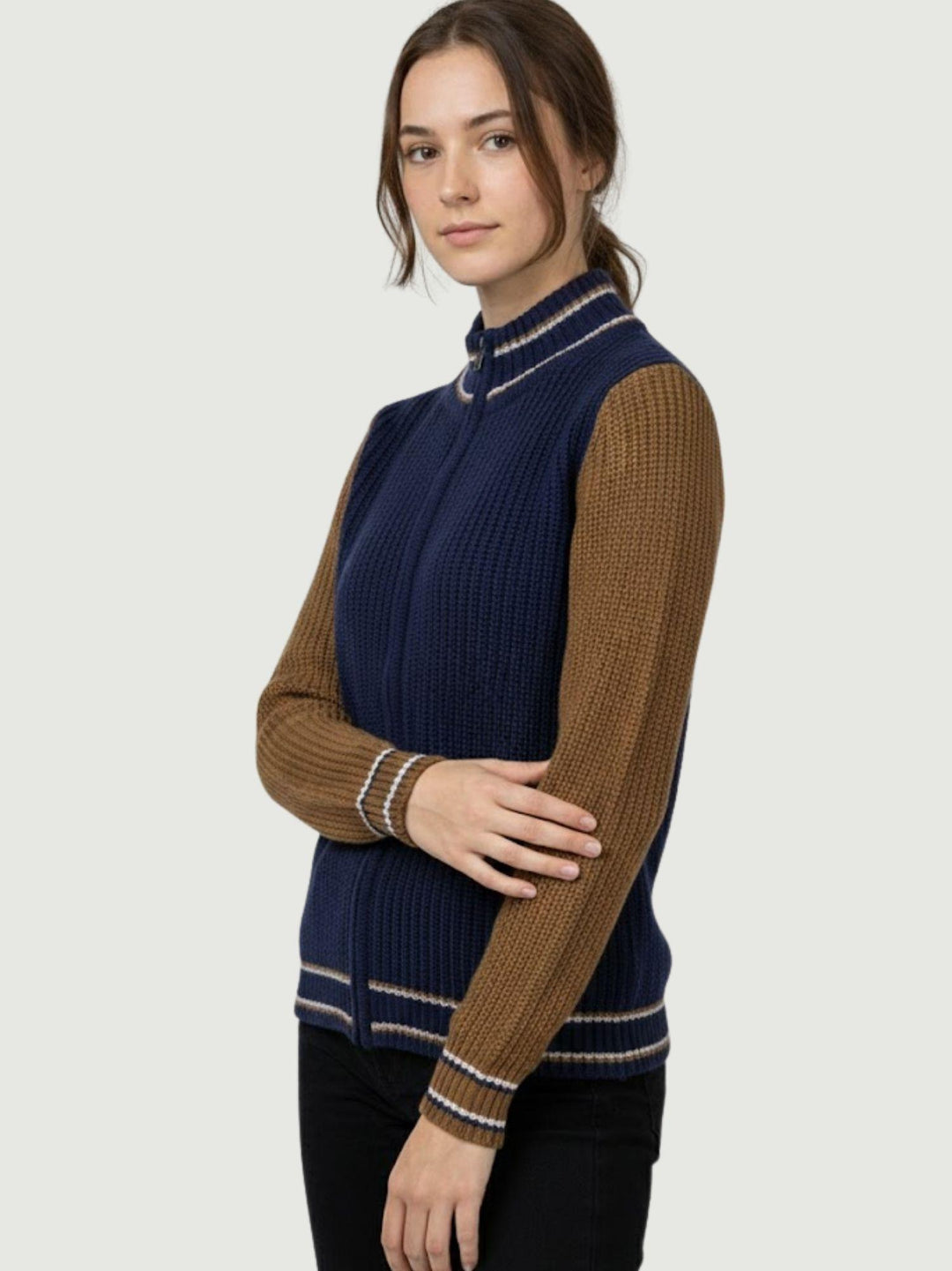 MAGLIONE A COLLO ALTO CON ZIP BLU E TABACCO ELIANOD BLU/SPEZIE ANDREA MORANDO 