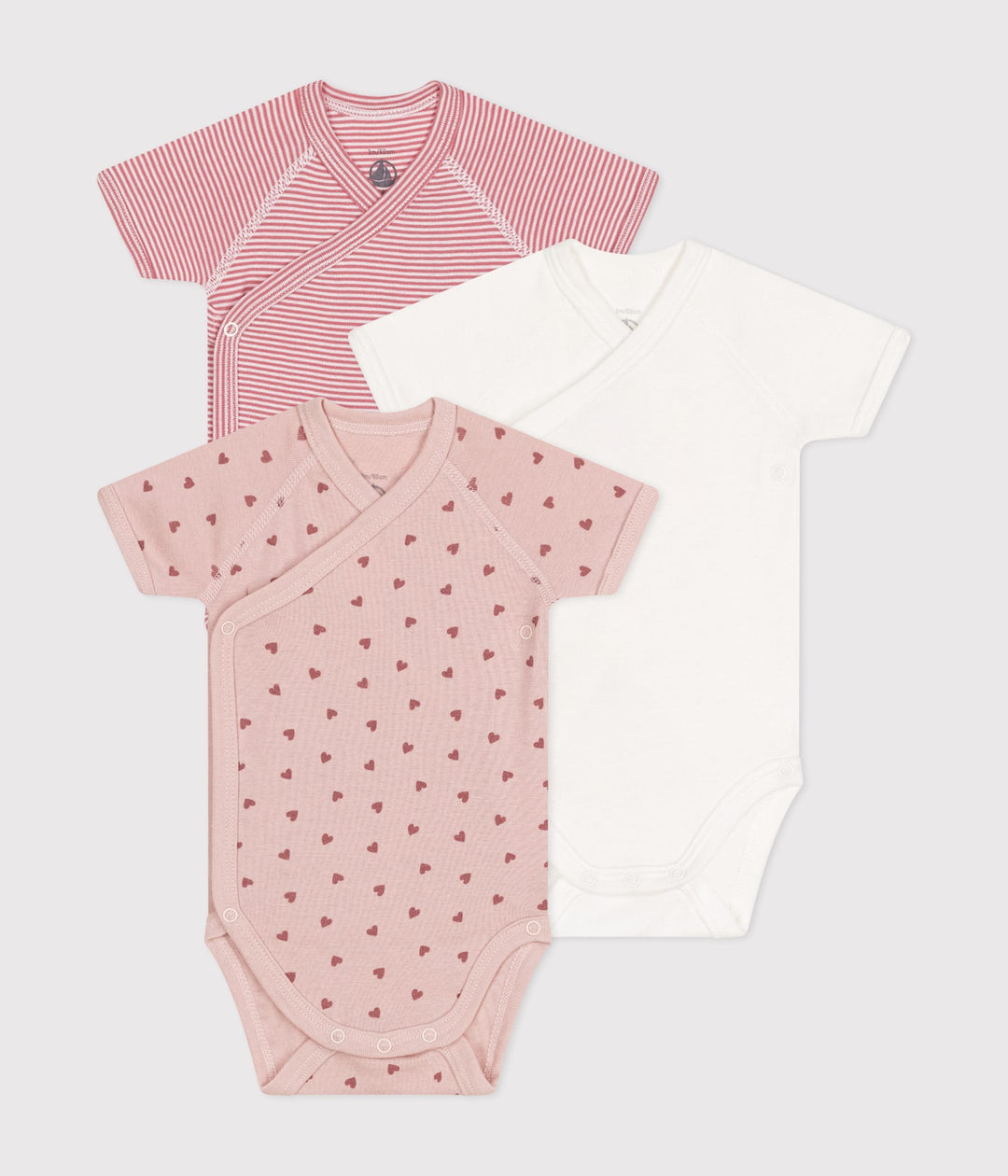 Set di 3 body incrociati a maniche corte righe e cuoricini A0AUW 98 PETIT BATEAU 