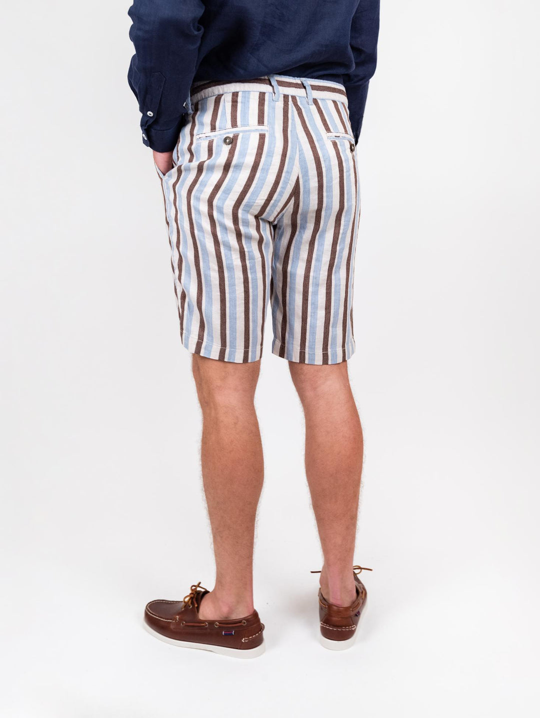 Bermuda in lino e cotone a righe marrone azzurro