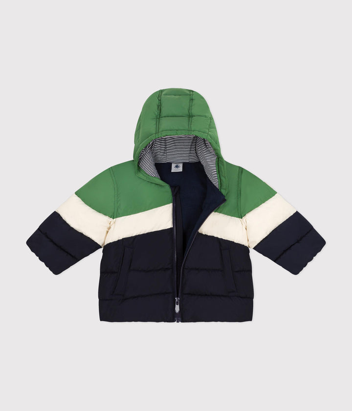 Piumino color block verde, crema e blu con cappuccio A0B43 01 PETIT BATEAU 