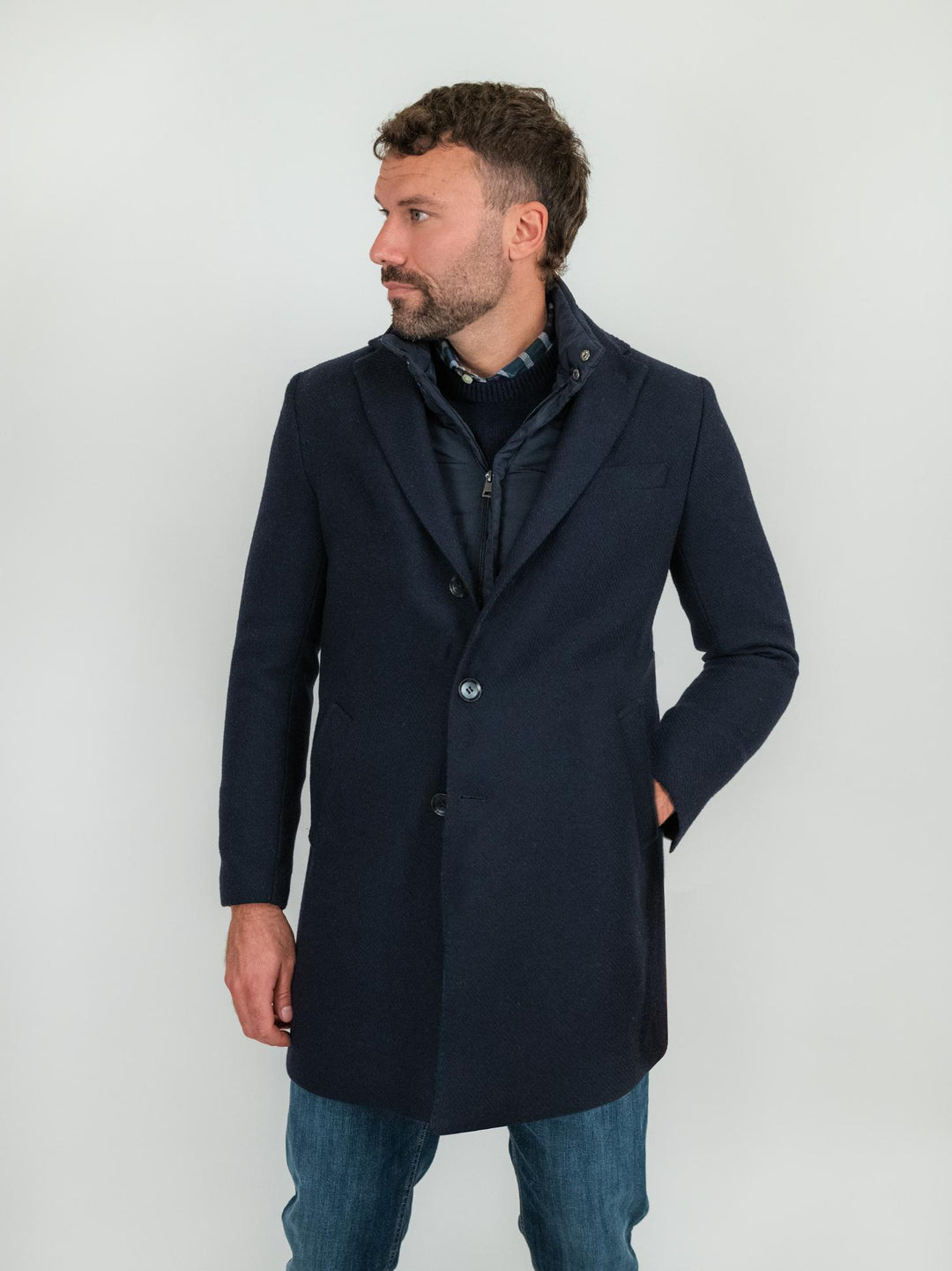 Cappotto monopetto blu con pettorina STAN 25 ANDREA MORANDO 