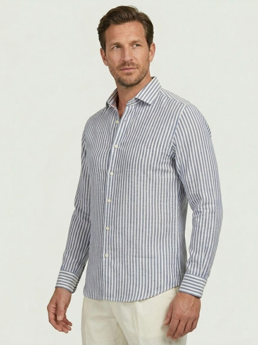 Camicia in lino a righe azzurra e bianca BU26S02CALINCOT405 243 ANDREA MORANDO 