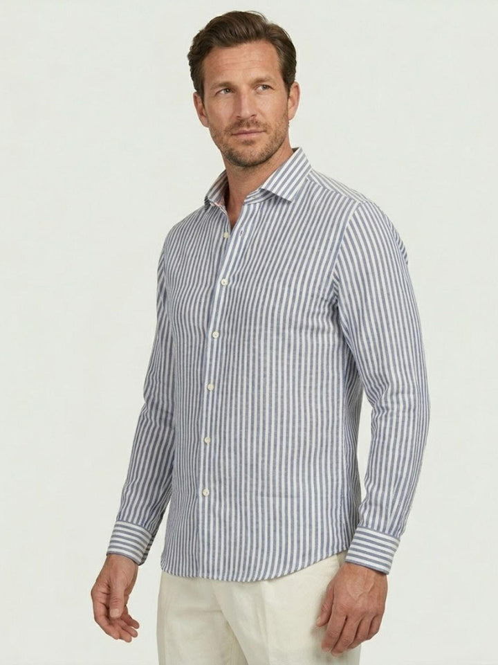 Camicia in lino a righe azzurra e bianca BU26S02CALINCOT405 243 ANDREA MORANDO 