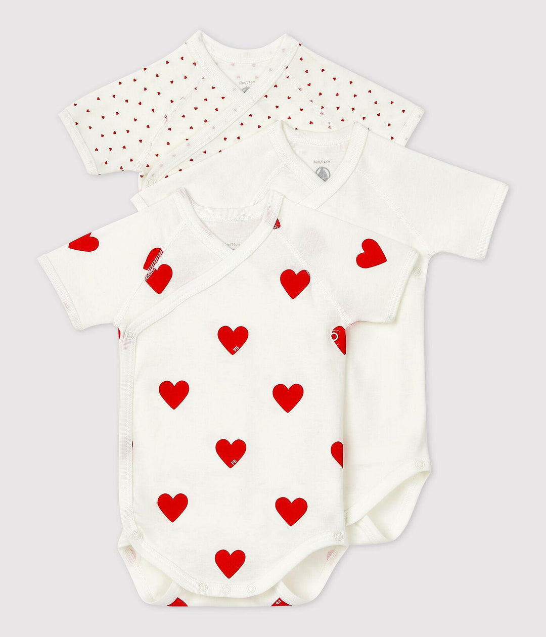 CONFEZIONE DA 3 BODY INCROCIATI IN COTONE CON MOTIVO A CUORE A04O7 00 PETIT BATEAU 