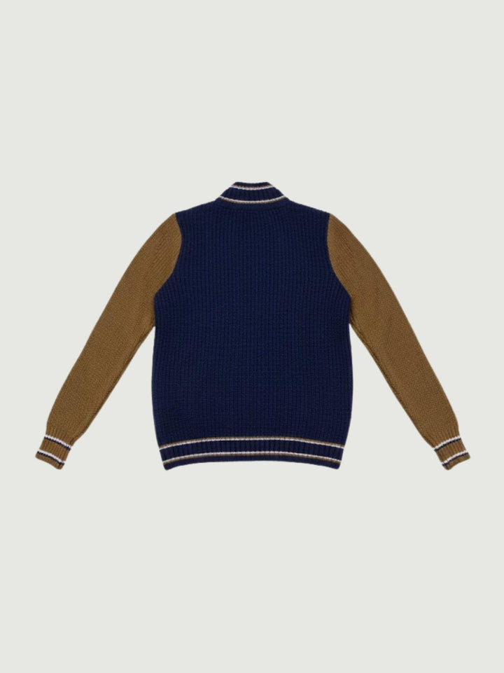 MAGLIONE A COLLO ALTO CON ZIP BLU E TABACCO ELIANOD BLU/SPEZIE ANDREA MORANDO 