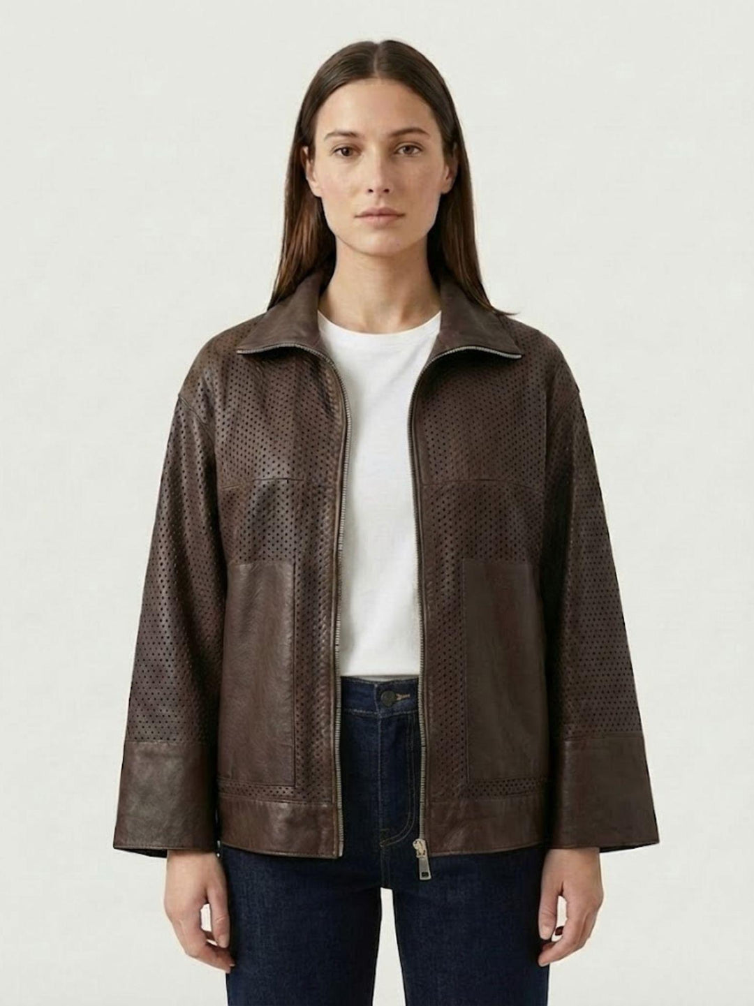 Giacca Giglio in pelle traforata marrone scuro GIPE 06 JACK LEATHER 