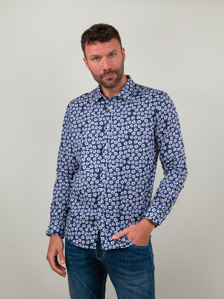 CAMICIA IN MISTO LINO BLU CON FANTASIA A FIORELLINI BU24S15CAFIOLIN533 200 ANDREA MORANDO 