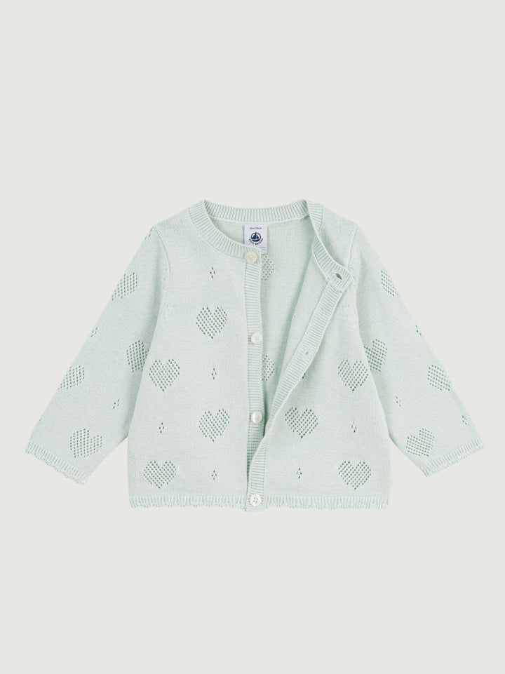 Cardigan in maglia traforata a cuori verde acqua A0EZT 03 PETIT BATEAU 
