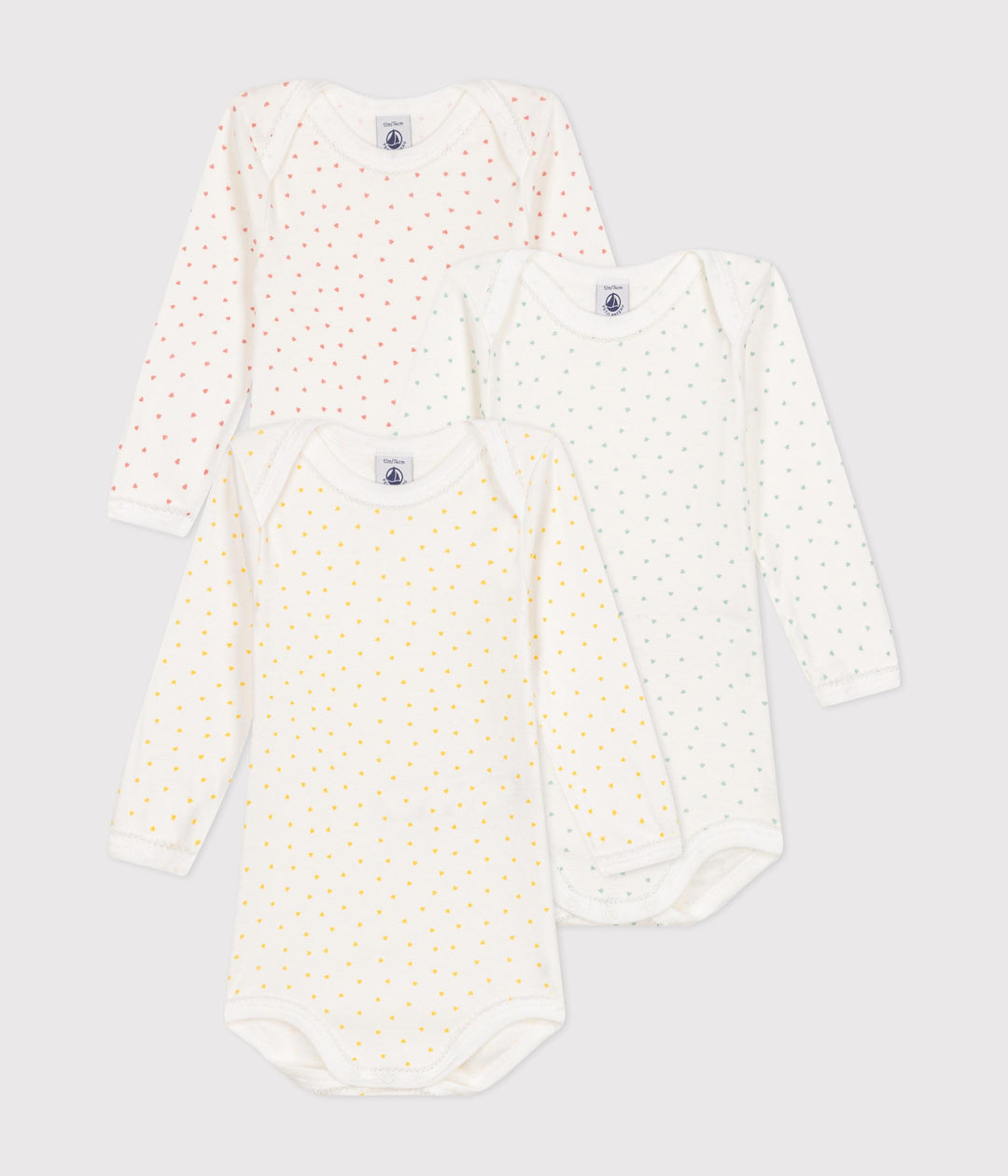 Confezione da 3 body bianchi stampa cuoria maniche lunghe A0BRH 00 PETIT BATEAU 