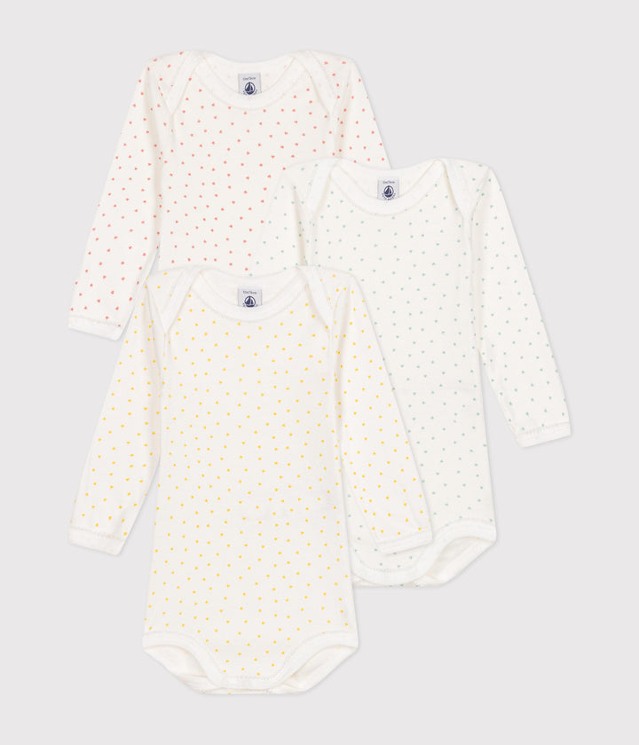 Confezione da 3 body bianchi stampa cuoria maniche lunghe A0BRH 00 PETIT BATEAU 