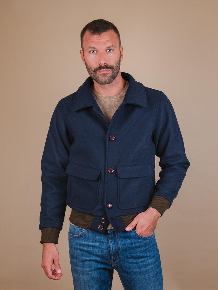 GIACCA  CON PROFILI A CONTRASTO IN TESSUTO BLU RJ04 NAVY ANDREA MORANDO 