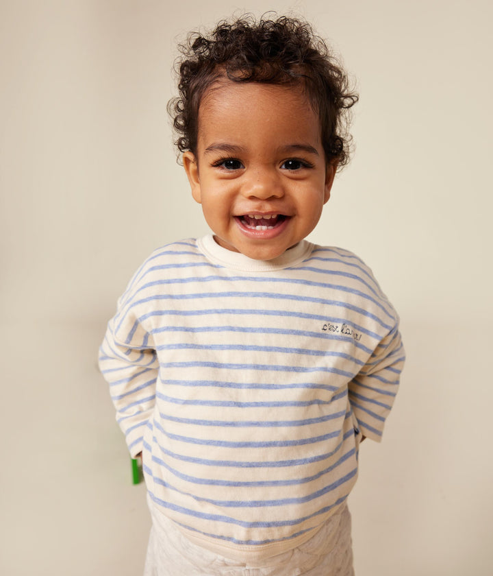 T-shirt a righe marinière azzurre con maniche lunghe A0BPP 01 PETIT BATEAU 