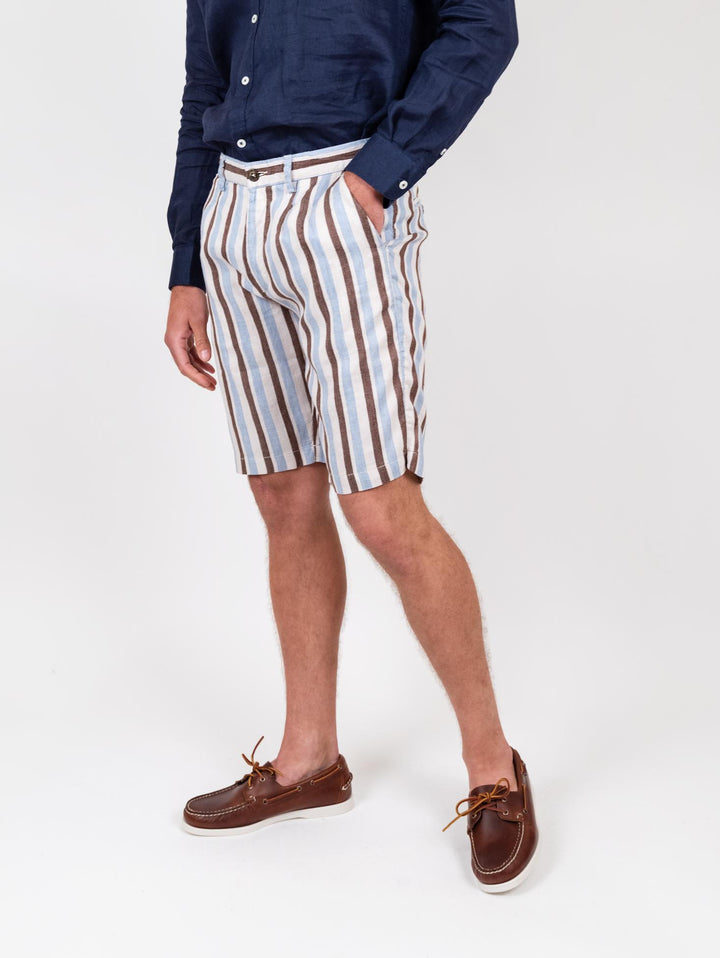 Bermuda in lino e cotone a righe marrone azzurro