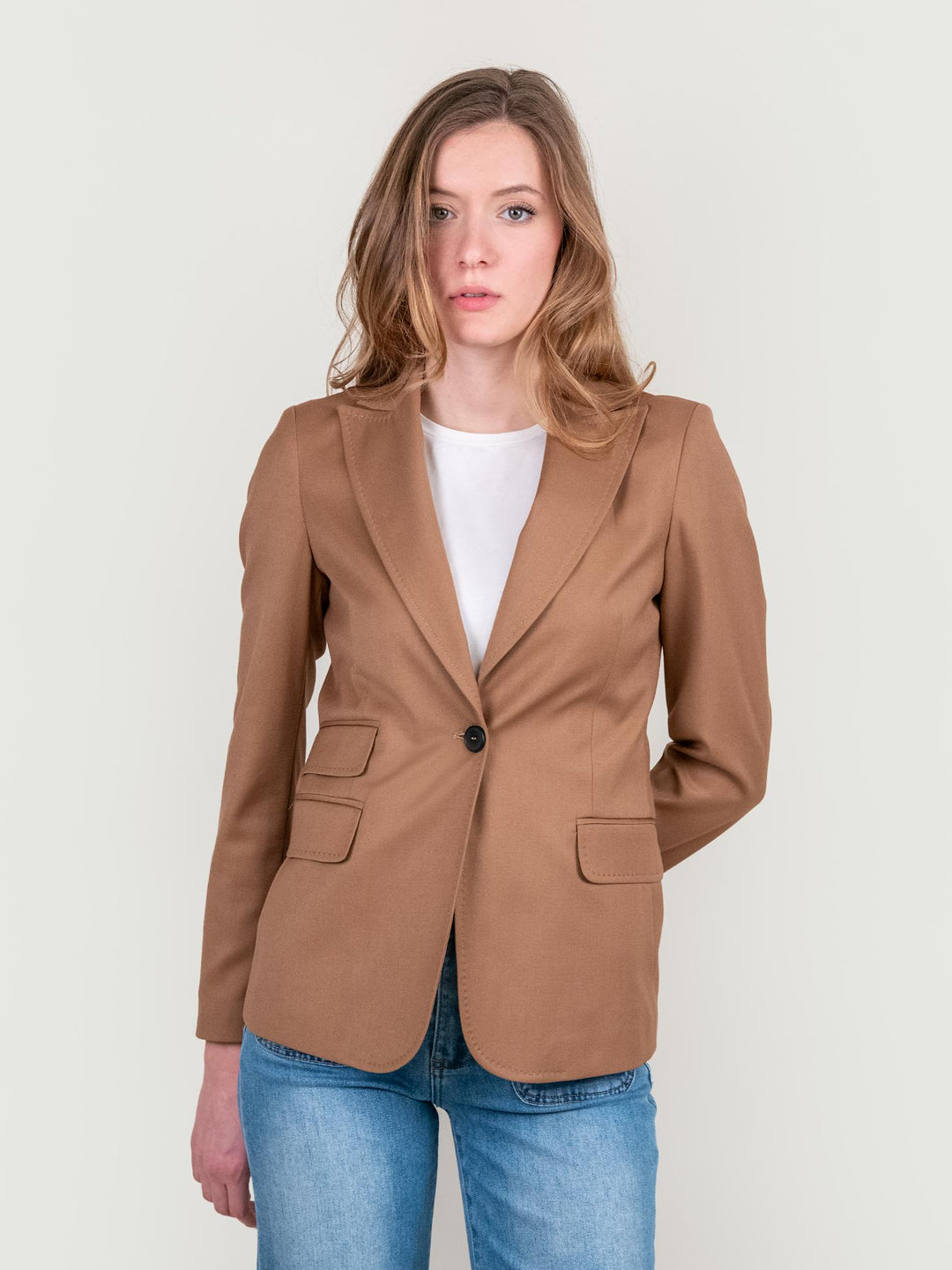 BLAZER MONOPETTO IN TESSUTO ELASTICIZZATO CAMMELLO 93353VST 51 ANDREA MORANDO 