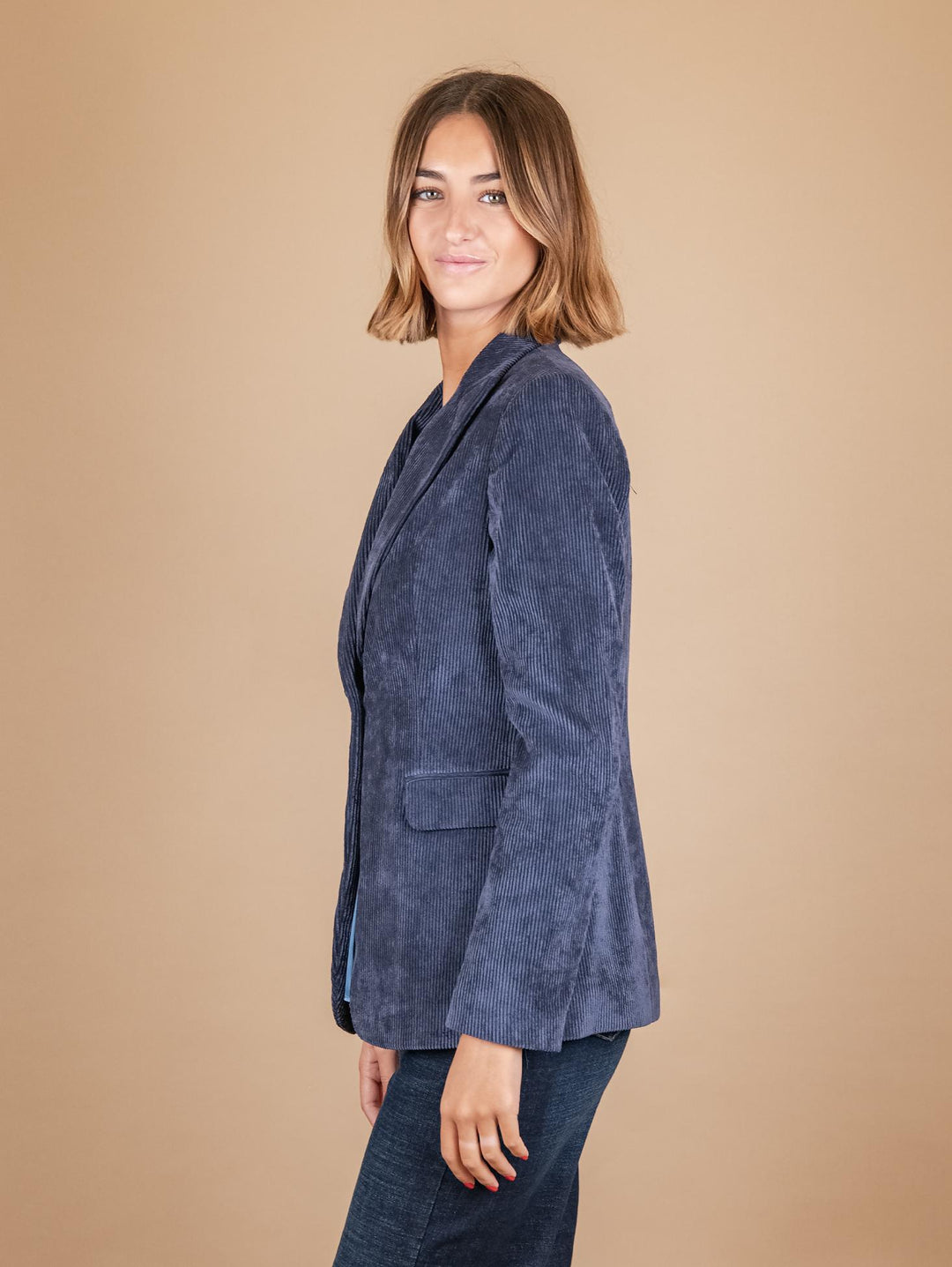 BLAZER MONOPETTO IN VELLUTO A COSTE BLU