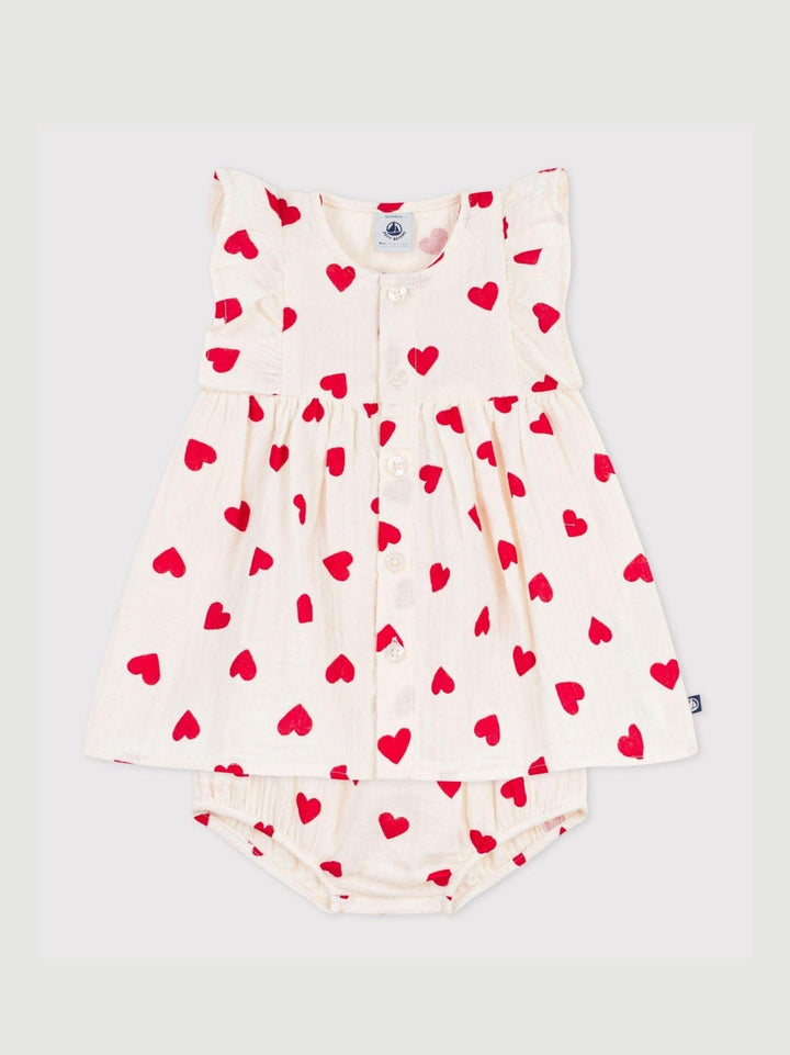 Vestito e bloomer coordinato in cotone stampa a cuori A0F18 03 PETIT BATEAU 
