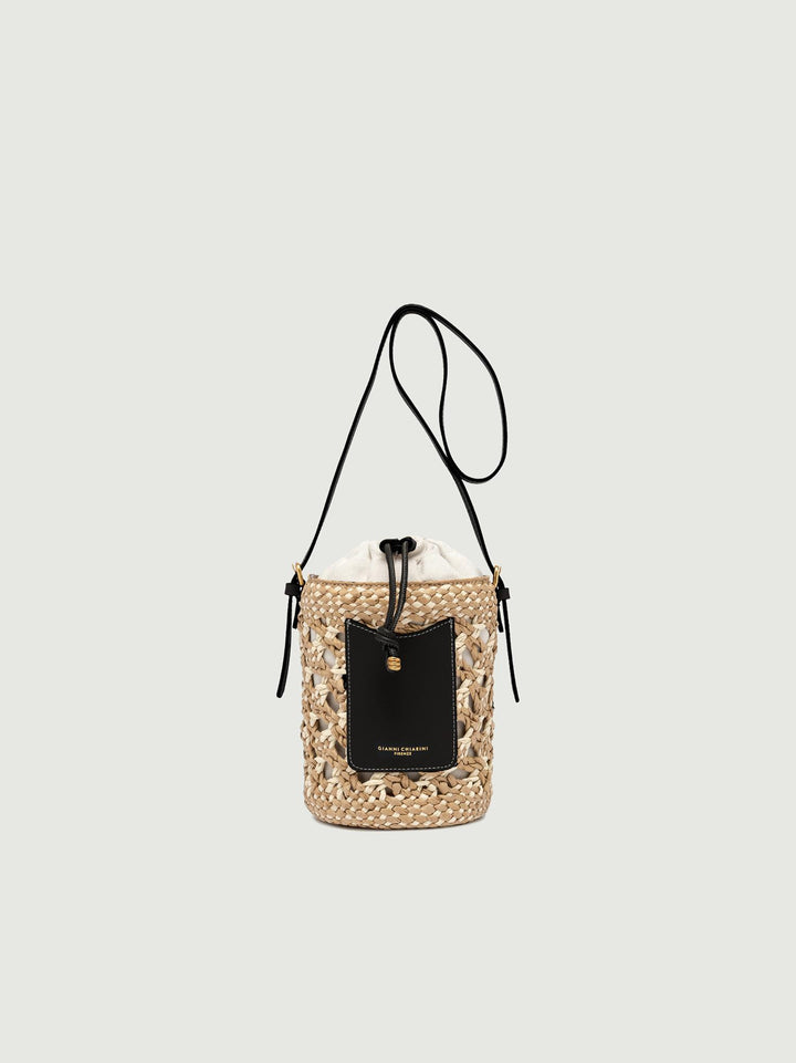 SECCHIELLO SAONA MEDIUM IN PAGLIA CON DETTAGLI IN PELLE NERA BS 10731 STRAW-PL 10313 GIANNI CHIARINI 