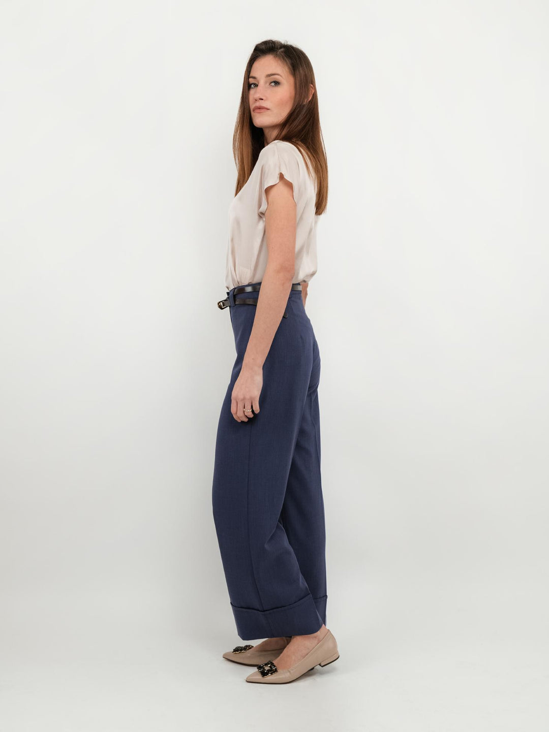 PANTALONE A PALAZZO BLUETTE CON MAXI RISVOLTO