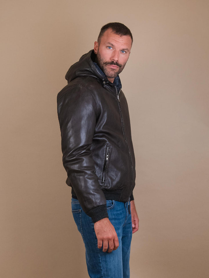 GIUBBOTTO REVERSIBILE IMBOTTITO CON CAPPUCCIO IN PELLE MARRONE  "JONAH" JONAH 06 JACK LEATHER 