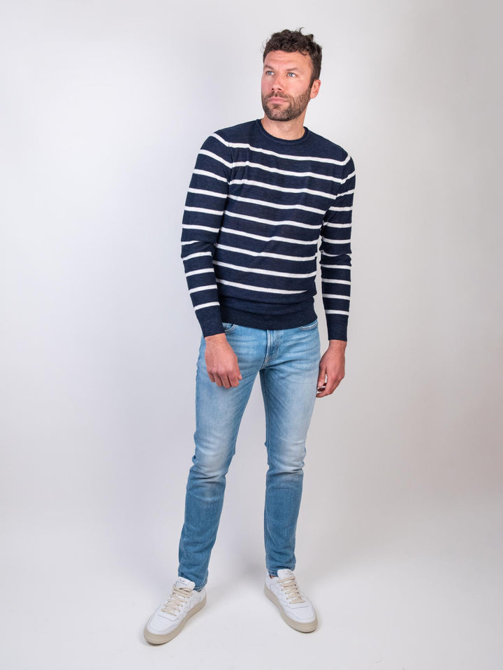 Maglia girocollo a righe blu e bianca