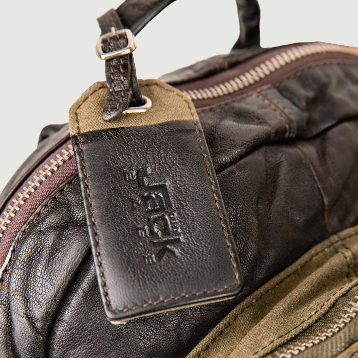 ZAINO IN PELLE EFFETTO USED DARK BROWN E TESSUTO FANGO. SURRENDER MIX 504 JACK LEATHER 