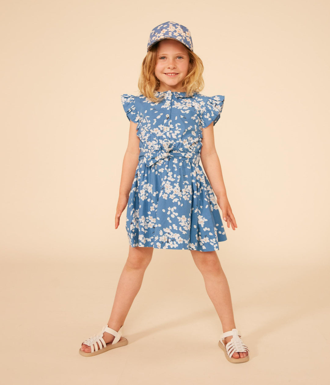 ABITO SENZA MANICHE IN POPELINE AZZURRO A FIORI A09SF 01 PETIT BATEAU 