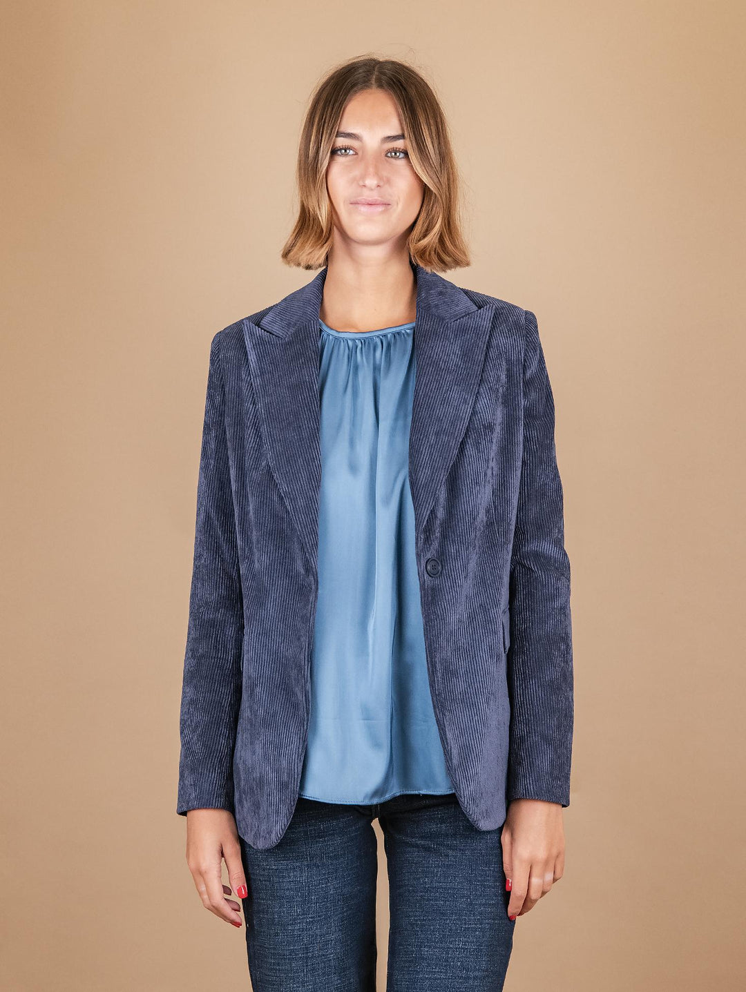 BLAZER MONOPETTO IN VELLUTO A COSTE BLU