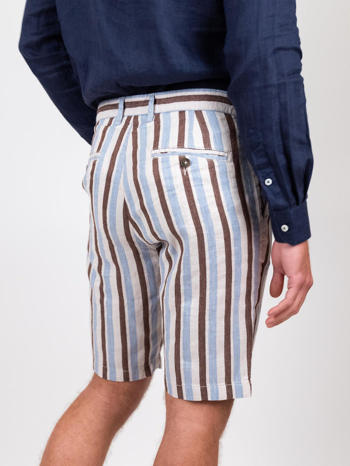 Bermuda in lino e cotone a righe marrone azzurro