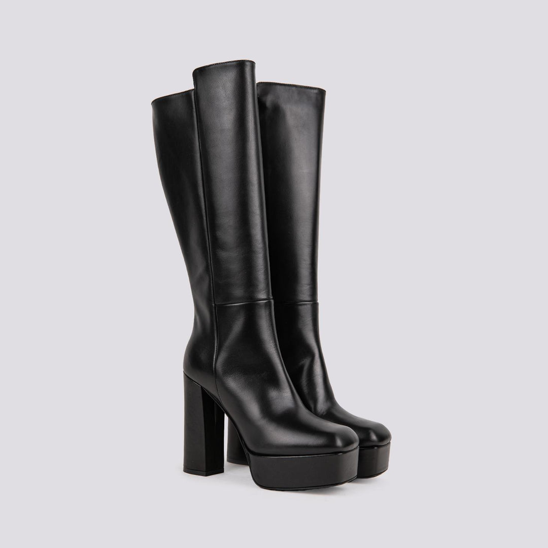 STIVALE ALTO CON PLATEAU FRONTALE IN PELLE NERA