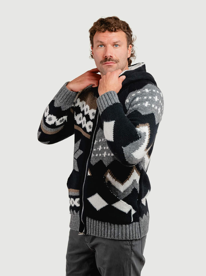 MAGLIONE CON CAPPUCCIO E  ZIP MULTICOLOR MELANDRO BLU/TORTORA ANDREA MORANDO 