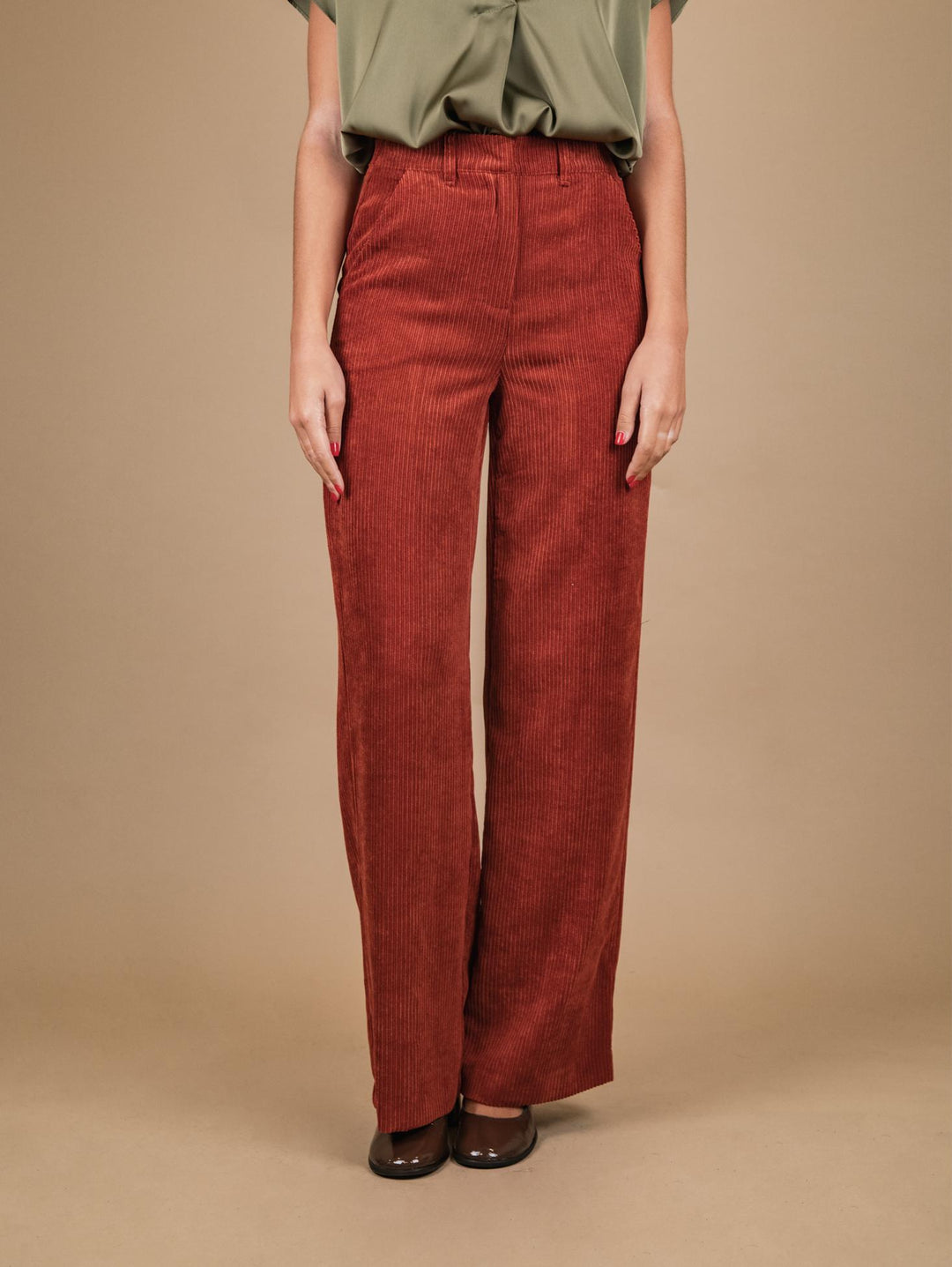 PANTALONE A PALAZZO IN VELLUTO A COSTE MATTONE P3037 RUGGINE ANDREA MORANDO 