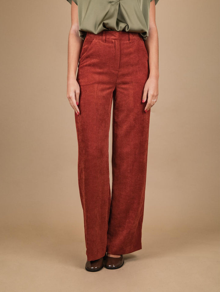 PANTALONE A PALAZZO IN VELLUTO A COSTE MATTONE P3037 RUGGINE ANDREA MORANDO 